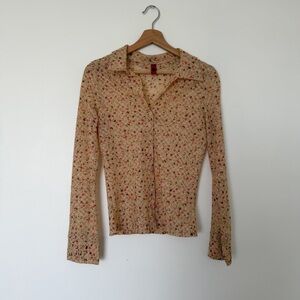 Just In time Orange Mesh Sheer Floral Button-Down Long Sleeve Shirt